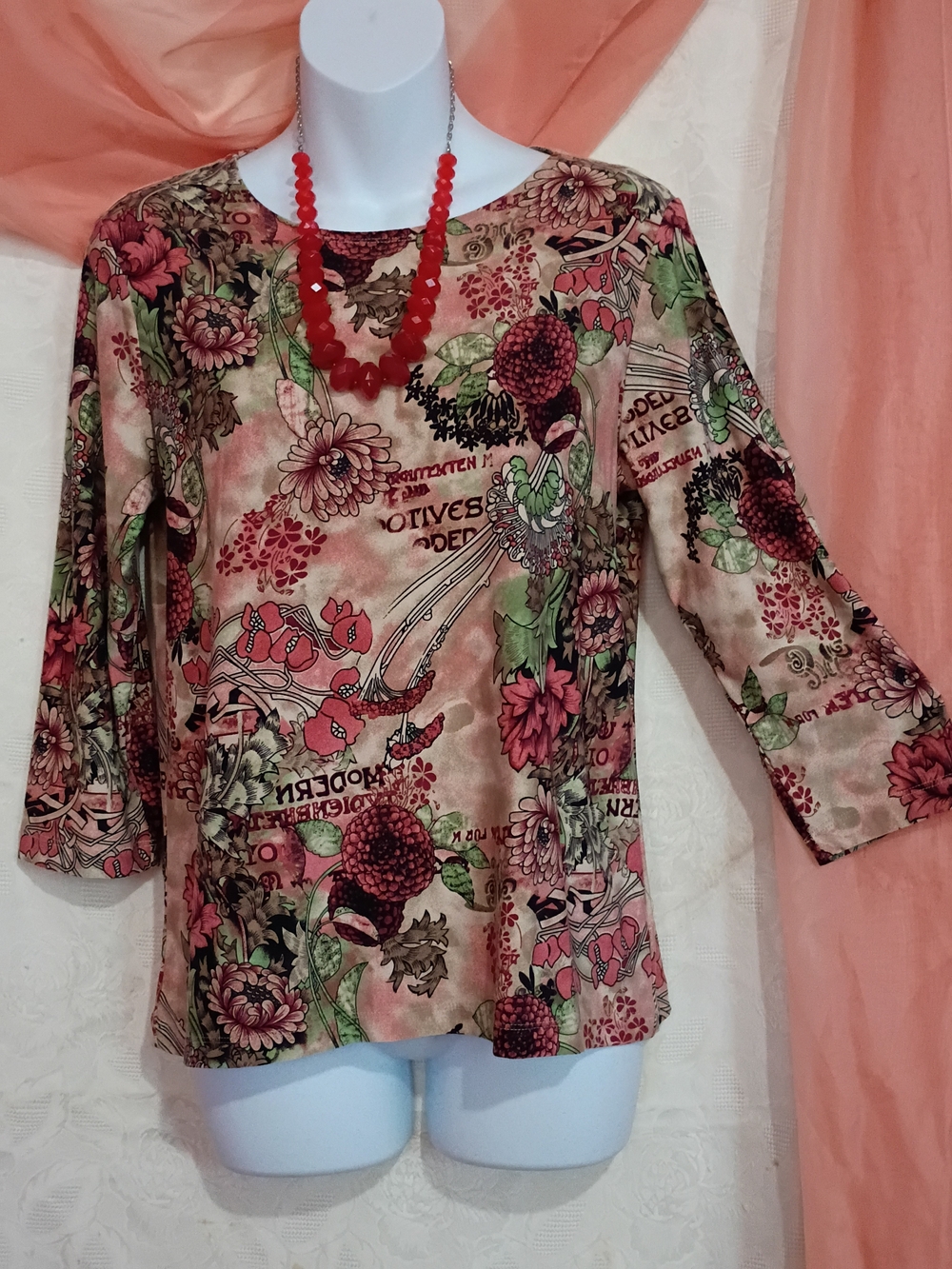 JM Collection Ladies Floral Print 3/4 Sleeve Top in Coral and Green Sz PM